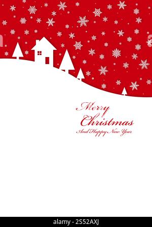 Fröhliche Weihnachtskarte mit einem Haus unter Schneeflocken. Kinderkarte „Merry Christmas“ Stockfoto