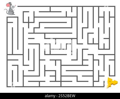 Süße Maus, die Käse sucht. Kinder Labyrinth Puzzle, Labyrinth Vektor Illustration. Spiellabyrinth zur Entwicklung des Denkens, Maus im Labyrinth. Stockfoto