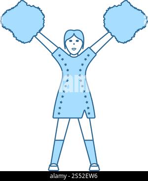 American Football Cheerleader Mädchen Symbol. Dünne Linie mit blauer Füllung Design. Vector Illustration. Stock Vektor