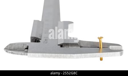 Alte stahl Bremssättel Maßnahmen Messingschraube schließen bis auf weißem Hintergrund Stockfoto