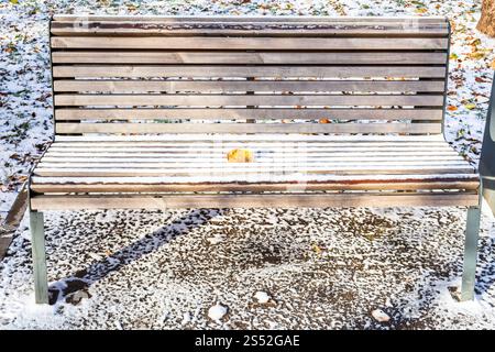 Holzbank mit gefallenen Blätter mit dem ersten Schnee im städtischen Garten im frostigen Herbst Tag abgedeckt Stockfoto