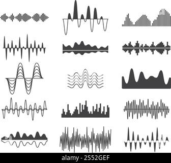 Schallfrequenzwellen. Analoge Symbole für gekrümmte Signale. Audio-Track Musik Equalizer Formen, Schallwellen Signale Vektor eingestellt. Abbildung des elektronischen Equalizers mit wellenförmigem Signal. Schallfrequenzwellen. Analoge Symbole für gekrümmte Signale. Audio-Track Musik Equalizer Formen, Schallwellen Signale Vektor eingestellt Stock Vektor