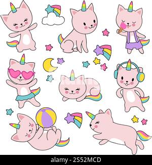 Catroon nette weiße Katze Einhörner Vektor-Set. Einhorn lustig pro Zeichnung, Tier Lächeln Zeichentrick mit Horn Illustration. Catroon nette weiße Katze Einhörner Vektor-Set Stock Vektor