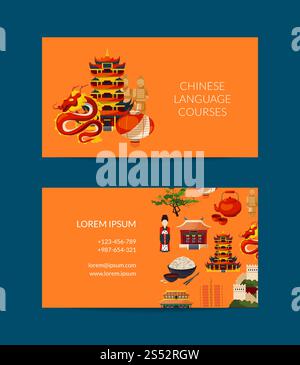 Vektor flache Stil china Elemente und Sehenswürdigkeiten Visitenkarte Vorlage für chinesische Sprach- oder Kulturkurse, Reisebüro Illustration. Vektor flache Art china Elements Visitenkartenvorlage Stock Vektor
