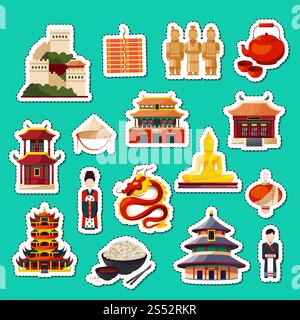 Vektorsatz von flachen Stil china Elemente und Sehenswürdigkeiten Aufkleber Architektur Illustration. Vektorsatz mit flachen china-Elementen und Sehenswürdigkeiten-Aufklebern Stock Vektor