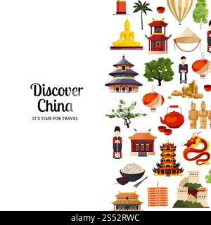 Vektor flache Art china Elemente und Sehenswürdigkeiten Hintergrund Illustration mit Platz für Text. Architektur china Gebäude, Pagode und buddha. Vektor flache Art china Elemente und Sehenswürdigkeiten Hintergrund Illustration mit Platz für Text Stock Vektor