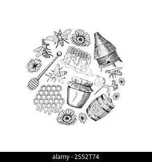 Vektorskizzierte konturierte Honigthemenelemente in kreisförmiger Illustration gesammelt. Honigskizze, Essen süß natürlich. Vektorskizzierte konturierte Honigthemenelemente in kreisförmiger Illustration gesammelt Stock Vektor