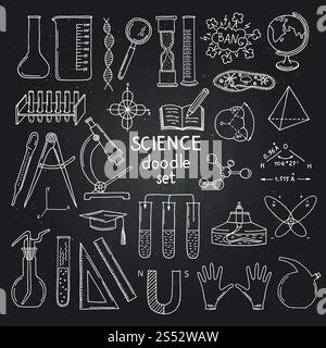 Vektor skizzierte Elemente aus Wissenschaft oder Chemie auf schwarzem Tafel. Illustration der Wissenschaftschemie auf der Tafel. Vektorskizzierte naturwissenschaftliche oder chemische Elemente auf schwarzem Tafel Stock Vektor