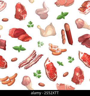 Vektor-Zeichentrickfilm Fleischelemente Muster oder Hintergrund Illustration. Frisches Fleisch zum Kochen. Vektor-Zeichentrickfilm Fleischelemente Muster oder Hintergrund Illustration Stock Vektor