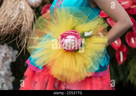 Frauen in bunten Kleidern auf der Festa da Flor oder Spring Flower Festival in der Stadt Funchal gekleidet auf der Insel Madeira im Atlantischen Ozean Stockfoto