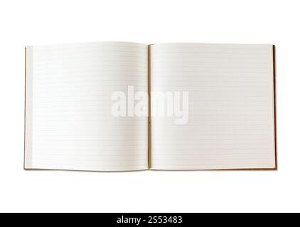 Offenes leeres Notebook-Modell, isoliert auf weiß. Draufsicht. Leeres Notebook isoliert auf weiß öffnen Stockfoto