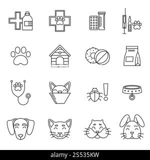 Lineare Icons Set der Tierarztklinik. Verschiedene Pflegemittel für Haustiere. Vektorbilder werden auf weiß isoliert. Darstellung der linearen Werkzeuge für die Hundepflege. Linear Stockfoto