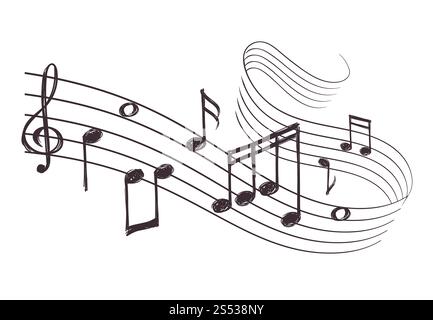 Zeichnen Sie musikalische Klangwellen mit Musiknoten. Handgezeichnete Vektorgrafik. Notenkritzeleien und Audioaufnahmen. Zeichnen Sie musikalische Klangwellen mit Musik Stockfoto