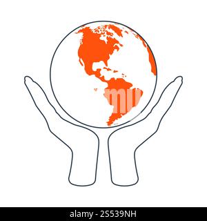 Hände halten Planet Symbol. Dünne Linie mit roten Füllen Design. Vector Illustration. Stockfoto