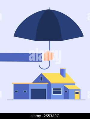 Die Hand des Versicherers hält den Regenschirm über dem Haus. Hausschutz Versicherungsvektor-Geschäftskonzept. Sicherheitshaus Schirm, Schutz und Unterstützung Hypothekendarlehen Illustration. Die Hand des Versicherers hält den Regenschirm über dem Haus. Hausschutz Versicherungsvektor-Geschäftskonzept Stock Vektor
