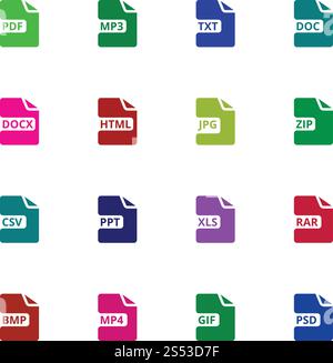 Symbole für Dateityp. Schaltflächen zum Herunterladen von Dokumentvektoren. Abbildung: Web-Typ des Symbols, Schnittstelle für Softwarebeschriftungen. Symbole für Dateityp. Schaltflächen zum Herunterladen von Dokumentvektoren Stock Vektor