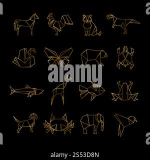 Goldene japanische Origami Papier Tiere Vektorlinie Symbole der Set Illustration. Goldene japanische Origami Papiertiere Vektorlinien Ikonen Stock Vektor