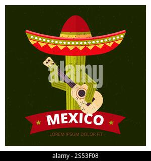 Netter Musiker-Kakteen im Sombrero-Poster-Design - Grunge mexikanische Vektor-Logo-Illustration. Kakteen bei Sombrero Stockfoto