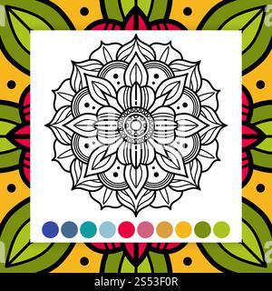 Orientalisches Blumen-Mandala. Antistress Erwachsene Malseite mit Farbmuster. Vektorgrafik Stockfoto
