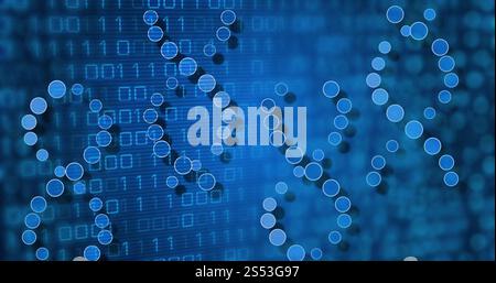 Bild der dna-Stränge über der Binärkodierung Stockfoto