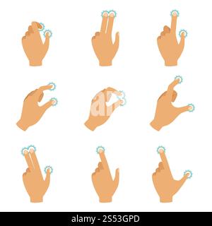 Verschiedene Gesten zur Steuerung des Touchscreens. Bedienbildschirm der Benutzeroberfläche, Fingerabdruck mit Gestenzeiger, Vektorgrafik Stockfoto