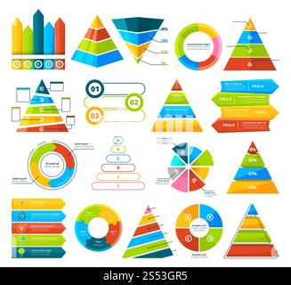 Große Vektorsammlung von Infografik-Elementen. Kreisdiagramme, Diagramme, Diagramme und Dreiecke. Pyramidendreieck und Diagrammdiagramm, Infografik kreisförmig Stockfoto