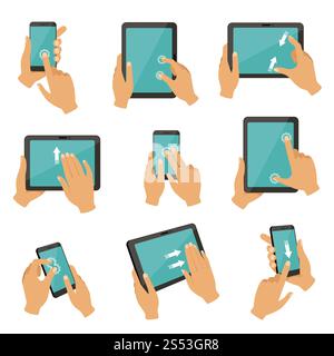 Abbildungen von Gesten zur Steuerung verschiedener Geräte, Tablets und Smartphones. Touchscreen-Tablet-Bildschirm mit Fingergesten, Multitouch-Sammelvektor Stockfoto