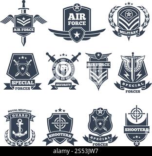 Militärische Logos und Abzeichen. Armeesymbole isoliert auf weißem Hintergrund. Militärabzeichen, Illustration der Luftfahrt der Spezialeinheit. Militärische Logos und Abzeichen. Armeesymbole isoliert auf weißem Hintergrund Stock Vektor