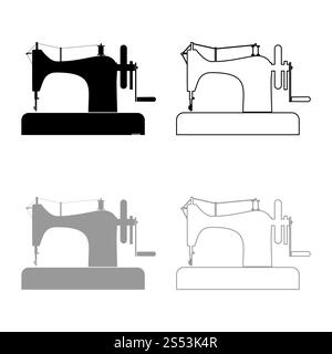 Nähen Maschine Nähmaschine equipment Vintage icon Umrisse maßgeschneiderte Set schwarz Farbe grau Vektor-illustration Flat Style simple Image Stockfoto