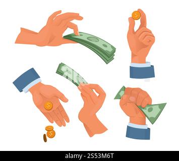 Hände, die Geld halten. Set im Cartoon-Stil. Geld Bargeld, Finanzwährung hält Hand. Vektorabbildung. Hände, die Geld halten. Set im Cartoon-Stil Stockfoto