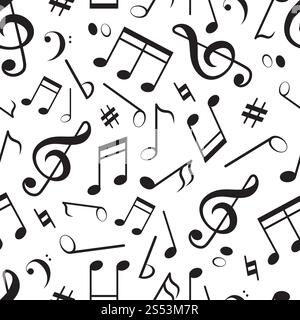 Nahtloses Muster mit verschiedenen Musiknoten. Vektormusikmuster, Melodie und Klangillustrierung. Nahtloses Muster mit verschiedenen Musiknoten Stockfoto