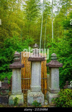 Friedhof des Jojakko-JI-Schreins im Bambuswald Arashiyama, Kyoto, Japan. Friedhof im Arashiyama Bambuswald, Kyoto, Japan Stockfoto