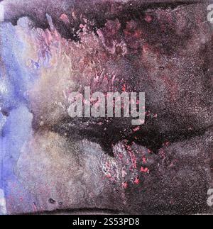 Abstrakte Malerei in Acryl Fluid Flow Technik handbemalt von Silber, Pink, Schwarz Farben auf Karton Stockfoto