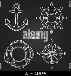 Nautische Kritzelemente auf der Tafel. Vektorhandrad, Anker, Kompass und Illustration des Rettungsschirms. Vektorhandrad, Anker, Kompass und Rettungsring Stock Vektor