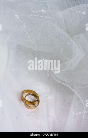 Zwei Trauringe zur Hochzeit Kleid Stockfoto