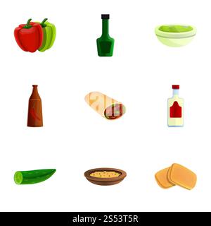 Mexikanisches kulinarisches Set. Zeichentricksatz von 9 mexikanischen Lebensmittel Vektor-Icons für Web-Design isoliert auf weißem Hintergrund. Mexikanisches Icon-Set, Cartoon-Stil Stockfoto