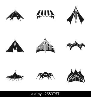 Tierschutzzelt-Symbol-Set. Einfacher Satz von 9 Schutzzelt Vektorsymbolen für Webdesign isoliert auf weißem Hintergrund. Tierschutzzelt-Symbol-Set, einfacher Stil Stockfoto