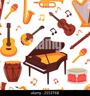 Musikinstrumente flache Symbole nahtloses Muster. Vektor-isoliertes Set aus Orchesterharfe und -Rock oder Banjogitarre, Klaviermusik und Schlagzeug oder Stockfoto