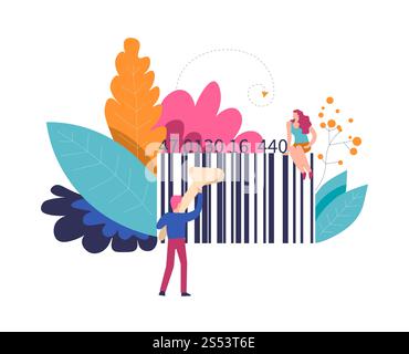 Barcode des Produkts und der Person mit Scannervektor. Einkaufsartikel mit Code, Decodierung durch Lesen von qr-Linien auf Objekt mit Lasergerät. Einzelhandel und Stockfoto