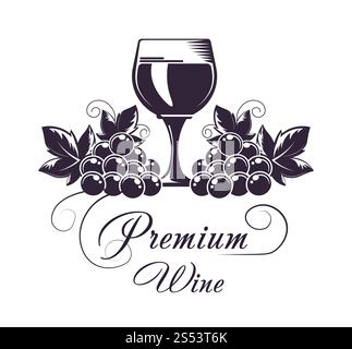 Premium-Weinclub isolierte monochrome Emblem flache Vektor-Illustration auf weißem Hintergrund. Gemeinschaft von exquisiten alkoholischen Getränken bewundert. Erstklassiger Wein Stockfoto