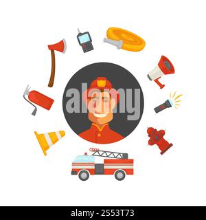 Poster für Löschanlagen und Löschanlagen. Vektorsymbole für Feuerwehr, Feuerlöscher, Hydrantenschlauch und Stockfoto