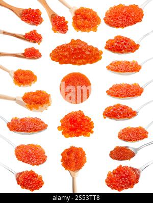 Collage aus verschiedenen Löffel mit roter Lachskaviar auf weißem Hintergrund Stockfoto
