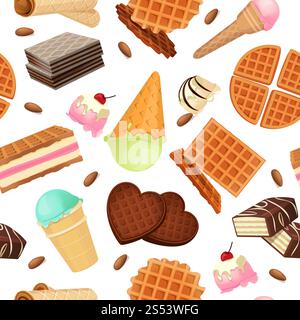 Nahtloses Muster aus Vaffeldesserts und Süßigkeiten. Vektormuster Schokoladendessert und köstliche leckere Waffelillustration. Nahtloses Muster aus Vaffeldesserts und Süßigkeiten Stock Vektor
