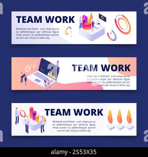 Teamarbeit Vektorbanner Vorlage mit isometrischen Personen. Abbildung der isometrischen Teamarbeit mit Infografik. Vektorbanner für Teamarbeit Stockfoto