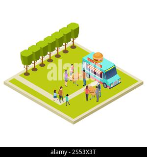 Nachbarschaftsparty im Park mit isometrischer Vektorposition von Burgern. Illustration einer Parkparty mit Burger Street Truck. Nachbarschaftsparty im Stockfoto