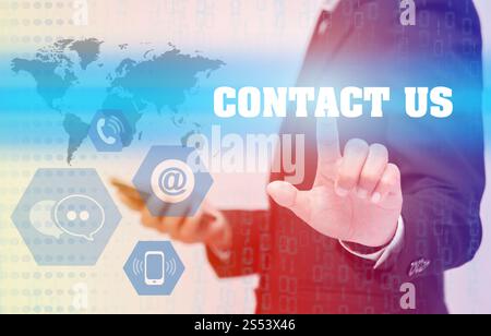 Business Technology Concept, berührendes Kontaktschild mit der Hand Stockfoto