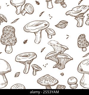 Pilze skizzieren nahtloses Muster. Genießbare VektorChampignons, Pfifferlingen oder Morcheln und Steinpilze, Steinpilze und Waldrussula oder Papageientaucher, Stockfoto