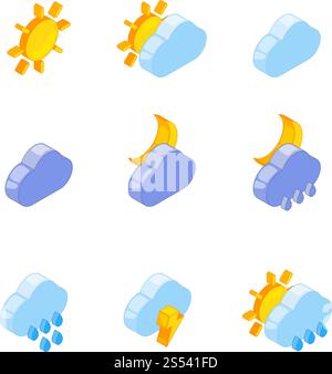 Isometrische Abbildungen von Wettersymbolen. Wetterisometrischer 3D-, Wolken- und Regenvektor. Isometrische Abbildungen von Wettersymbolen Stock Vektor