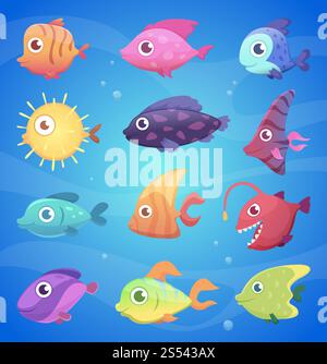 Farbenfrohe Karikaturfische. Lustige Unterwassertiere mit großen Augen Ozean und Meeresleben Vektor-Illustrationen. Fische unter Wasser für Wild, Meer und Aquarium Stockfoto