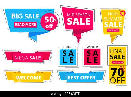 Trendige flache Banner. Bietet Werbung Rabattanhänger Promo Etiketten Aufkleber grafische vektorfarbene Formen. Abbildung des Rabatts und des Angebots, Stockfoto